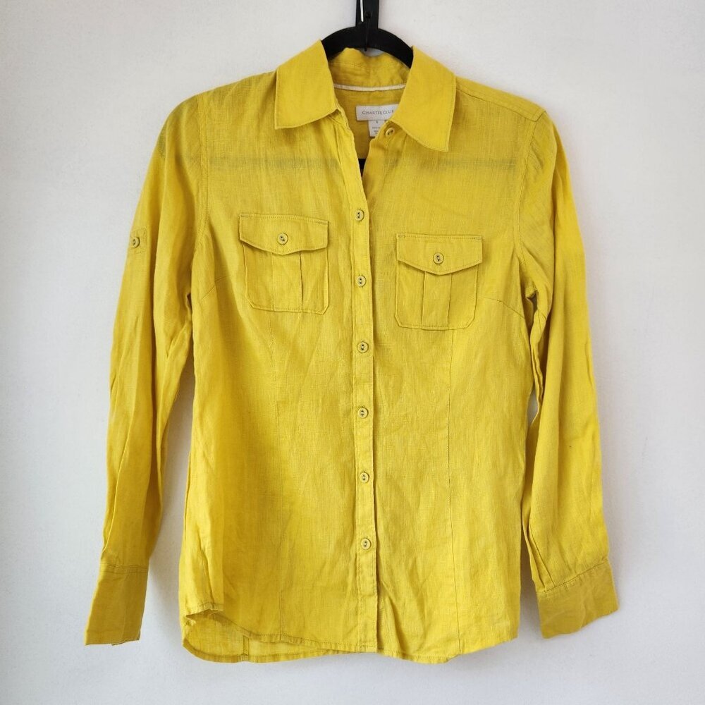 Charter Club 100% Linen Yellow Long Sleeve Button Down Shirt Lightweight 4